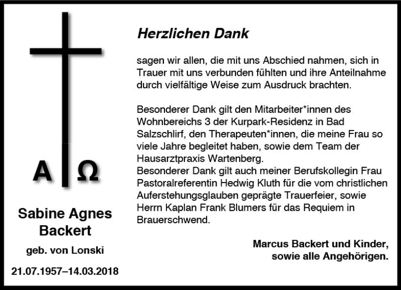 Traueranzeige für Sabine Agnes Backert vom 21.04.2018 aus VRM Trauer