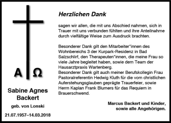 Traueranzeige von Sabine Agnes Backert von VRM Trauer