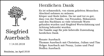 Traueranzeige von Siegfried Auerbach von Trauerportal Rhein Main Presse