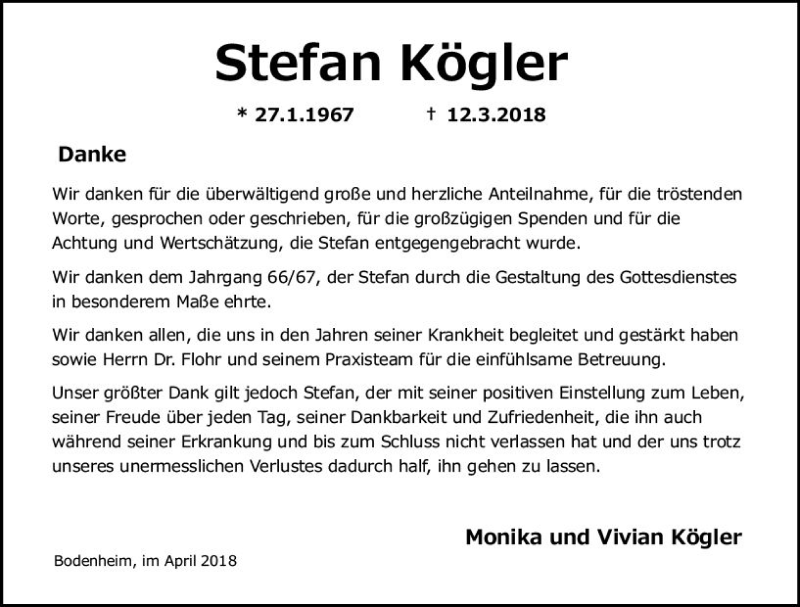  Traueranzeige für Stefan Kögler vom 28.04.2018 aus Trauerportal Rhein Main Presse
