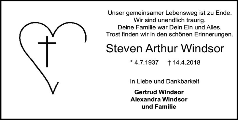  Traueranzeige für Steven Arthur Windsor vom 21.04.2018 aus Trauerportal Rhein Main Presse
