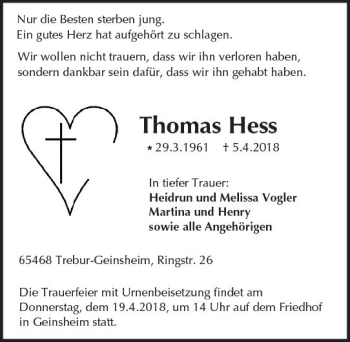 Traueranzeige von Thomas Hess von Trauerportal Rhein Main Presse