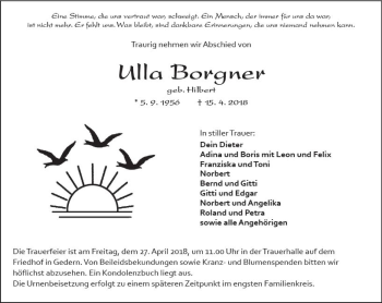 Traueranzeige von Ulla Borgner von  Kreisanzeiger