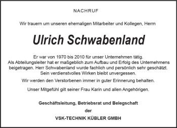 Traueranzeige von Ulrich Schwabenland von Trauerportal Rhein Main Presse