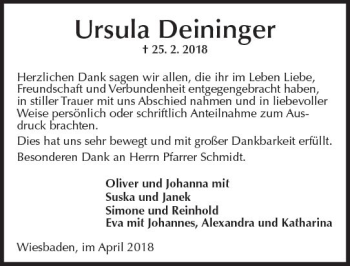 Traueranzeige von Ursula Deininger von Trauerportal Rhein Main Presse