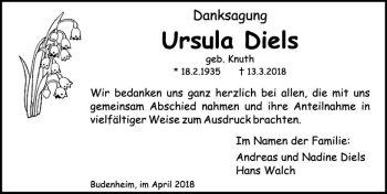 Traueranzeige von Ursula Diels von Trauerportal Rhein Main Presse