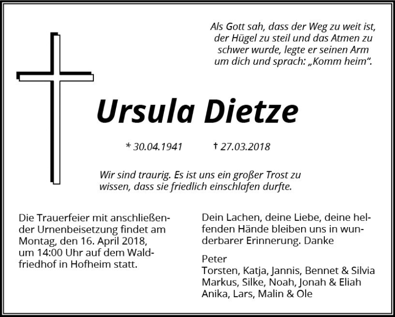  Traueranzeige für Ursula Dietze vom 06.04.2018 aus Trauerportal Rhein Main Presse