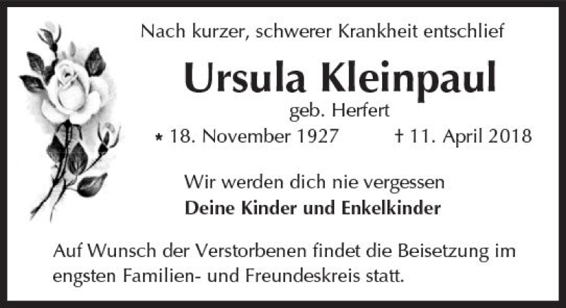  Traueranzeige für Ursula Kleinpaul vom 14.04.2018 aus Trauerportal Rhein Main Presse