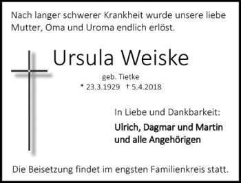 Traueranzeige von Ursula Weiske von Trauerportal Rhein Main Presse
