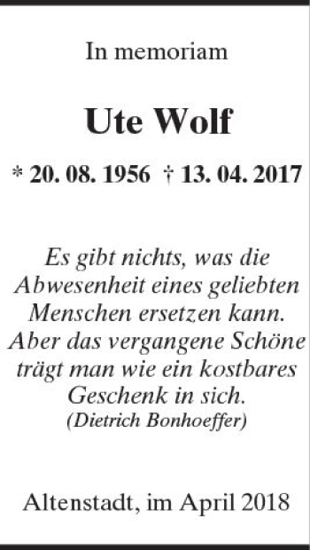 Traueranzeige von Ute Wolf von  Kreisanzeiger