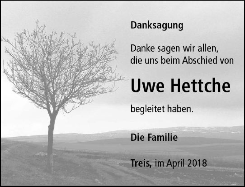 Traueranzeige für Uwe Hettche vom 21.04.2018 aus  Gießener Anzeiger