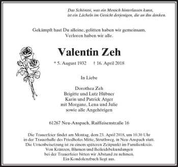 Traueranzeige von Valentin Zeh von  Usinger Anzeiger