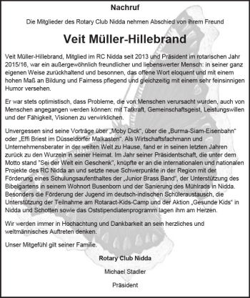 Traueranzeige von Veit Müller-Hillebrand von  Kreisanzeiger
