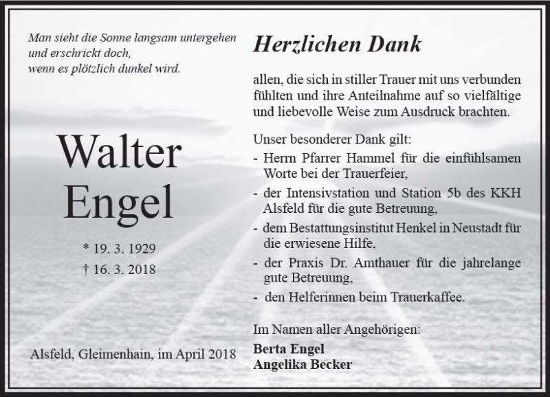  Traueranzeige für Walter Engel vom 21.04.2018 aus VRM Trauer