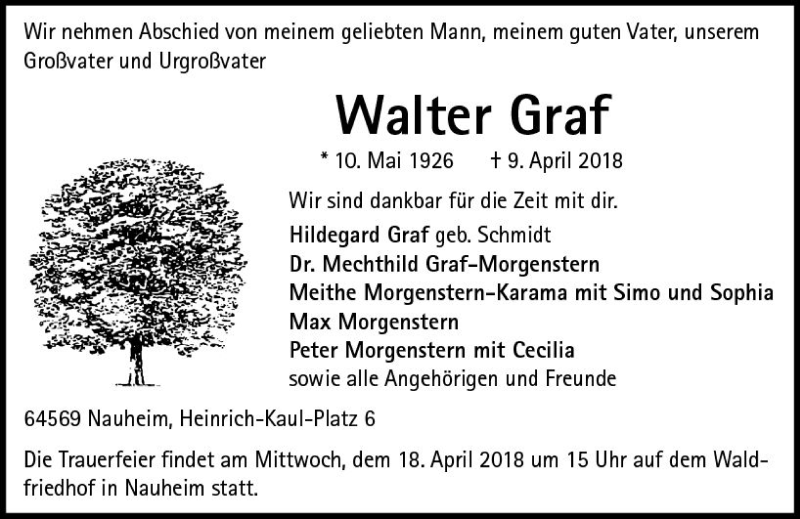  Traueranzeige für Walter Graf vom 16.04.2018 aus Trauerportal Rhein Main Presse