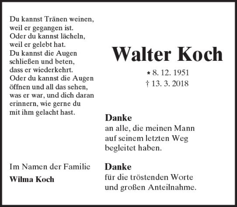  Traueranzeige für Walter Koch vom 21.04.2018 aus  Kreisanzeiger