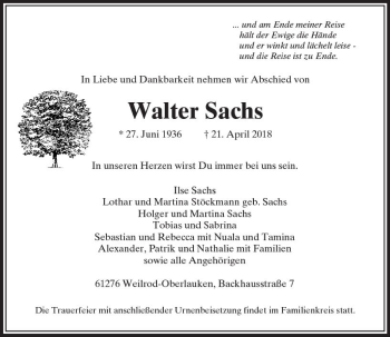 Traueranzeige von Walter Sachs von  Usinger Anzeiger