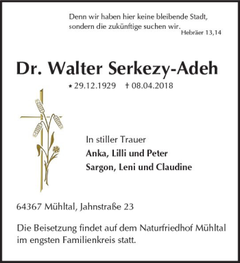 Traueranzeige von Walter Serkezy-Adeh von Trauerportal Rhein Main Presse