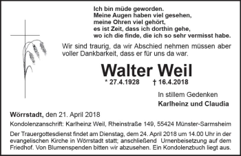 Traueranzeige von Walter Weil von Trauerportal Rhein Main Presse