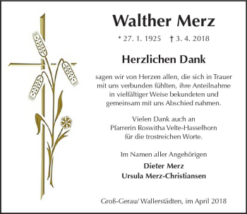 Traueranzeige von Walther Merz von Trauerportal Rhein Main Presse