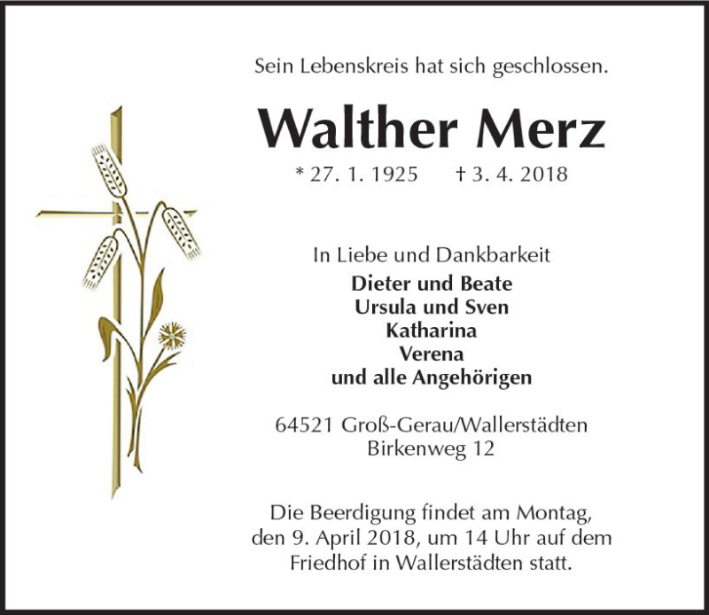  Traueranzeige für Walther Merz vom 07.04.2018 aus Trauerportal Rhein Main Presse