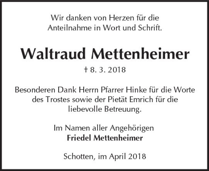  Traueranzeige für Waltraud Mettenheimer vom 07.04.2018 aus  Kreisanzeiger