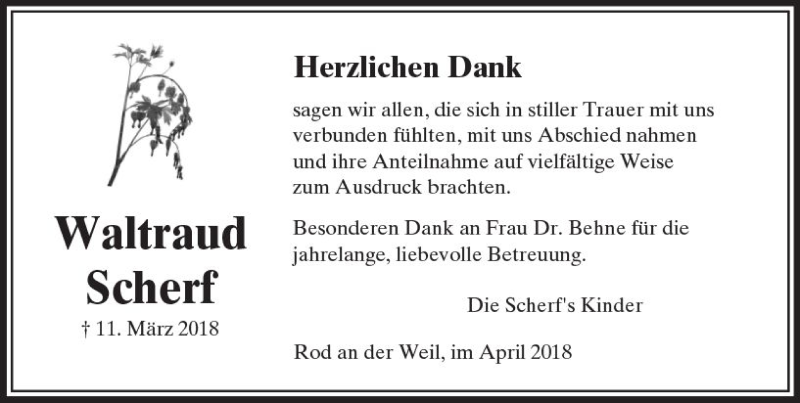  Traueranzeige für Waltraud Scherf vom 07.04.2018 aus  Usinger Anzeiger