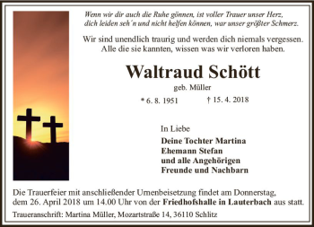 Traueranzeige von Waltraud Schött von VRM Trauer