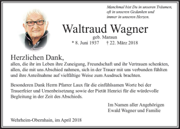 Traueranzeige von Waltraud Wagner von  Usinger Anzeiger