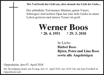 Traueranzeige von Werner Boos von Trauerportal Rhein Main Presse