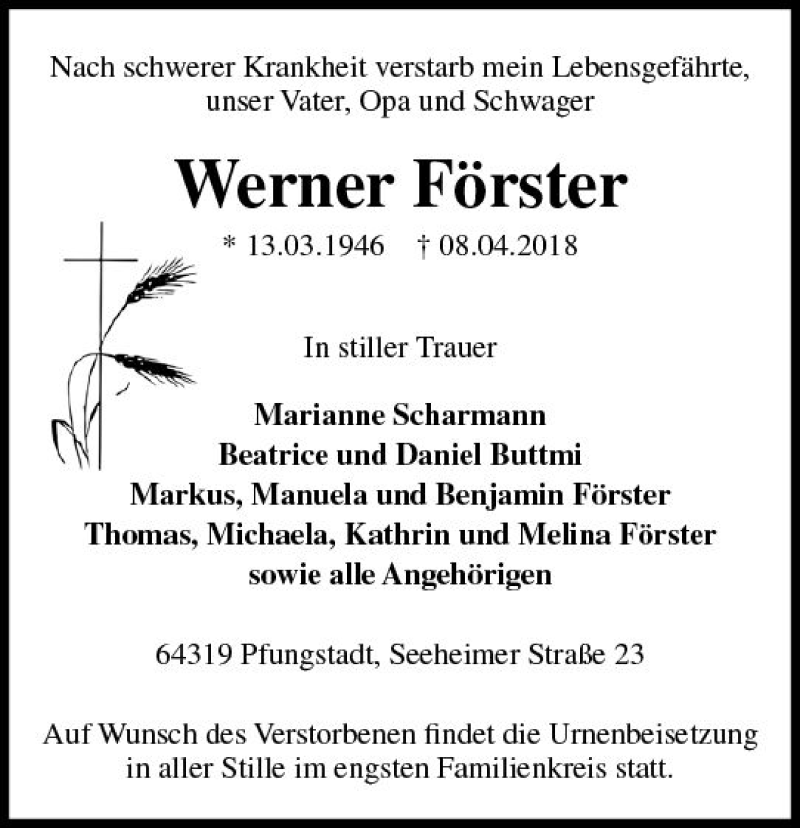  Traueranzeige für Werner Förster vom 14.04.2018 aus Trauerportal Rhein Main Presse