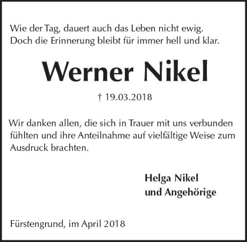  Traueranzeige für Werner Nikel vom 14.04.2018 aus Trauerportal Rhein Main Presse