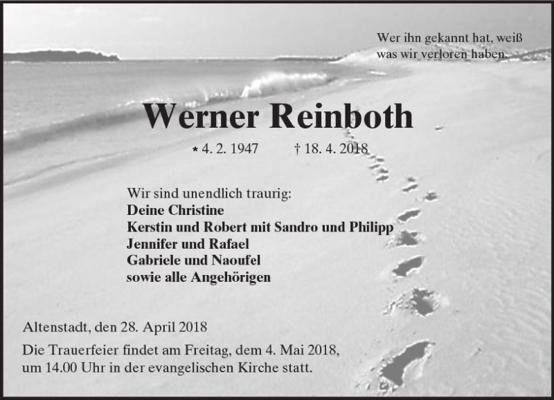  Traueranzeige für Werner Reinboth vom 28.04.2018 aus  Kreisanzeiger