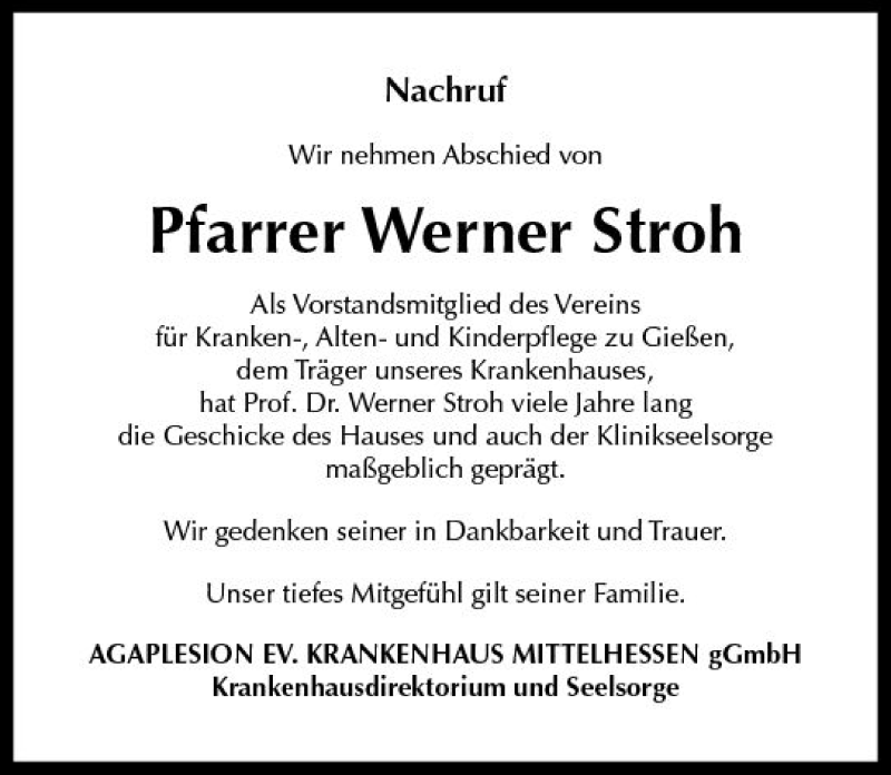  Traueranzeige für Werner Stroh vom 28.04.2018 aus  Gießener Anzeiger