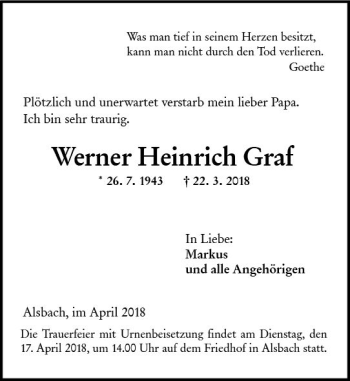 Traueranzeige von Werner Heinrich Graf von Trauerportal Rhein Main Presse