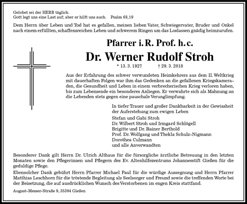  Traueranzeige für Werner Rudolf Stroh vom 14.04.2018 aus  Gießener Anzeiger
