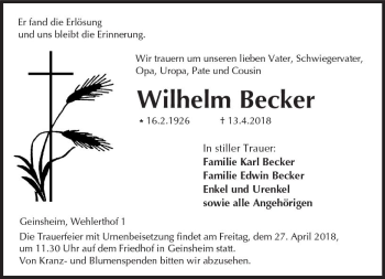 Traueranzeige von Wilhelm Becker von Trauerportal Rhein Main Presse