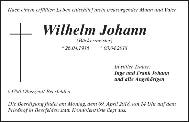  Traueranzeige für Wilhelm Johann vom 07.04.2018 aus Trauerportal Rhein Main Presse