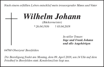 Traueranzeige von Wilhelm Johann von Trauerportal Rhein Main Presse