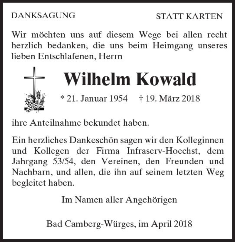  Traueranzeige für Wilhelm Kowald vom 12.04.2018 aus  Camberger Anzeiger