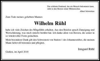 Traueranzeige von Wilhelm Rühl von  Gießener Anzeiger