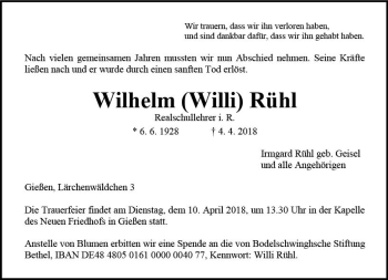 Traueranzeige von Wilhelm Rühl von  Gießener Anzeiger