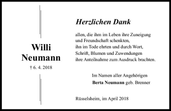 Traueranzeige von Willi Neumann von Trauerportal Rhein Main Presse