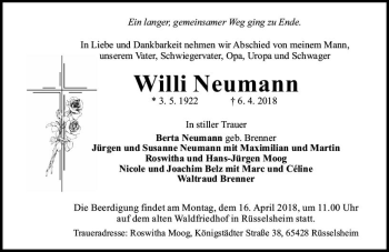 Traueranzeige von Willi Neumann von Trauerportal Rhein Main Presse