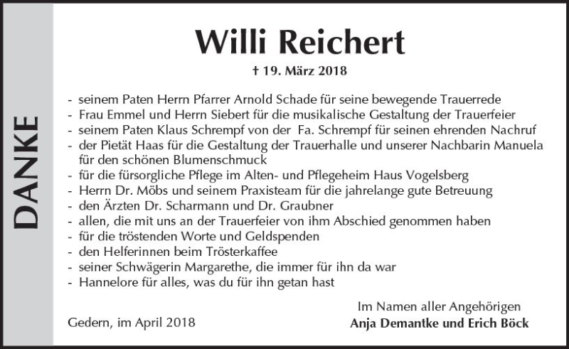  Traueranzeige für Willi Reichert vom 14.04.2018 aus  Kreisanzeiger