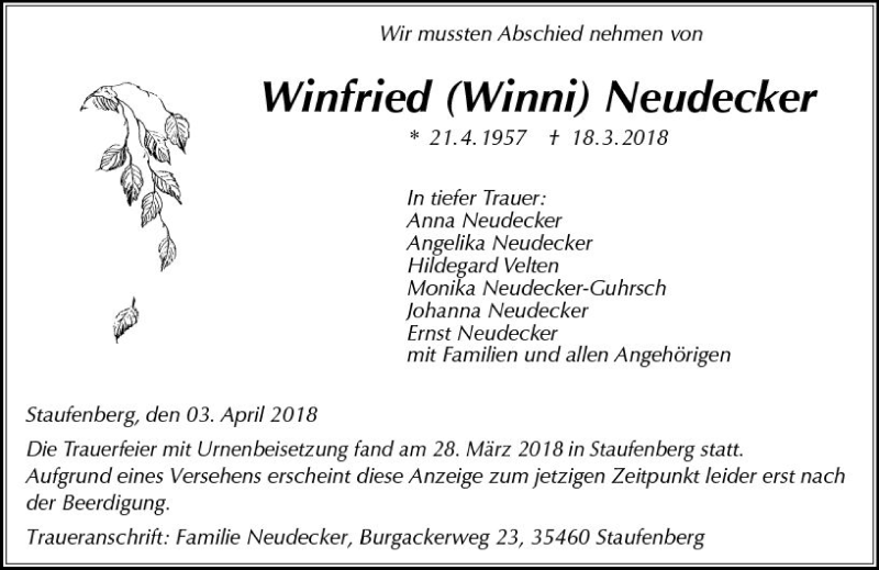  Traueranzeige für Winfried Neudecker vom 07.04.2018 aus Trauerportal Rhein Main Presse