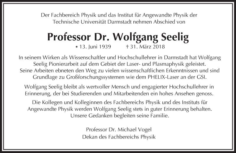  Traueranzeige für Wolfgang Seelig vom 21.04.2018 aus Trauerportal Rhein Main Presse