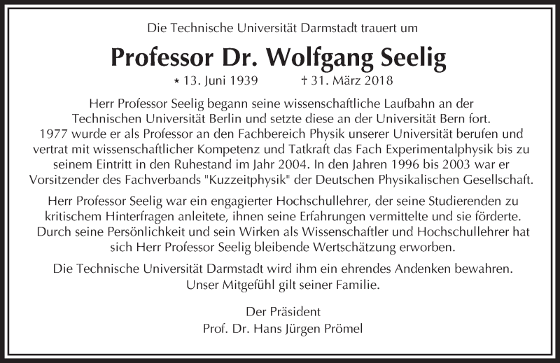  Traueranzeige für Wolfgang Seelig vom 21.04.2018 aus Trauerportal Rhein Main Presse