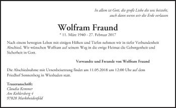 Traueranzeige von Wolfram Fraund von Trauerportal Rhein Main Presse