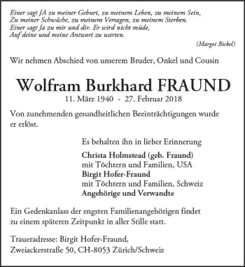 Traueranzeige von Wolfram Burkhard Fraund von Trauerportal Rhein Main Presse